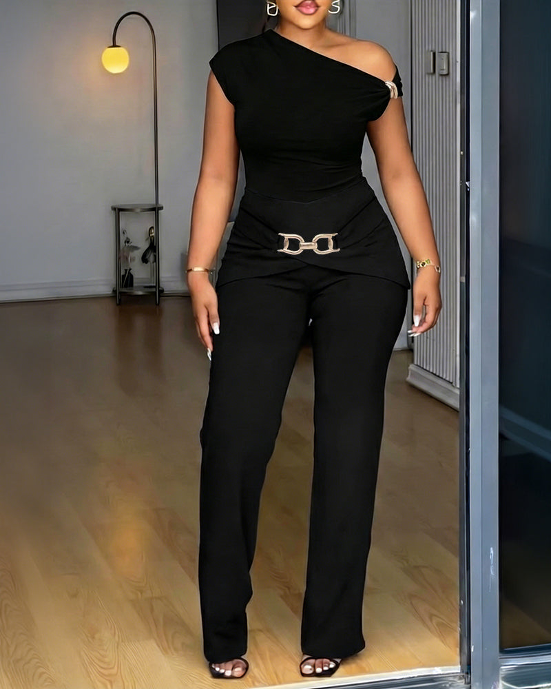 CHICME Women's 2 Piece Set Skew Neck Slim Fit Top and Elastic Waist Flare Pants with Metal Detail