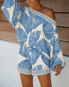 Women's Tropical Leaf Print 2 Piece Set Skew Neck Lantern Sleeve Top and Elastic Waist Shorts with Pockets & Lace