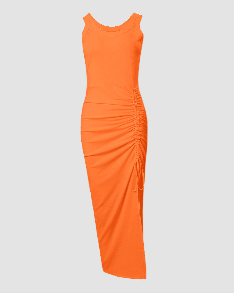 Side Slit Drawstring Ruched Bodycon Casual Sun Maxi Dresses Sleeveless Ribbed Tank Dress
