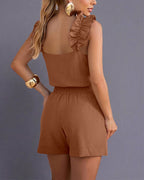 CHICME Women's 2 Piece Shorts Set Ruffle Strap Sleeveless Top and High Waisted Shorts with Pockets