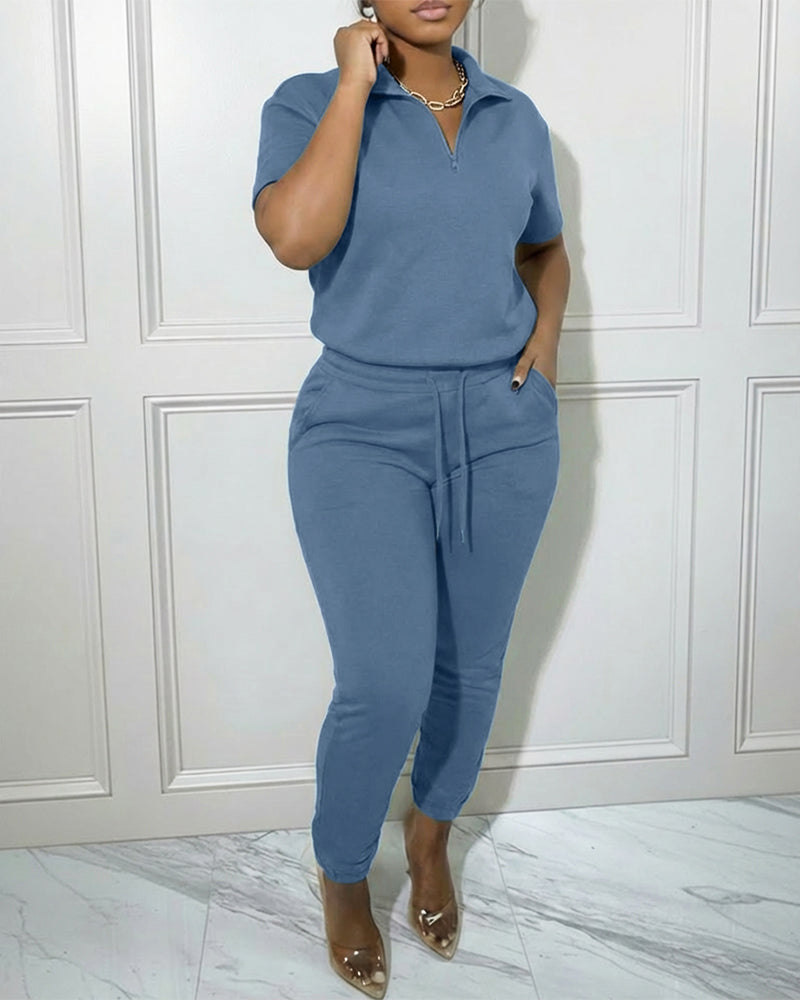 Women's 2-Piece Sporty Set Short Sleeve Half Zip Top and High Waisted Joggers Casual Lounge Outfit with Pockets