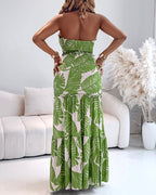 Tropical Print Halter Tie Shirred Frill Trim Cinched Waist Vacation Dress Ruched Cutout Front Slim Fit Ruffle Hem Mermaid Dress