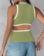 Women's Ribbed Contrast Trim Tank Top Sleeveless Crew Neck Cutout Slim Fit Stretch Casual Top