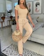 2 Pieces Outfit U-Neck Short Sleeve Slim Fit Ribbed Bodysuit and Drawstring Elastic Waist Seam Front Pants Casual Versatile Set