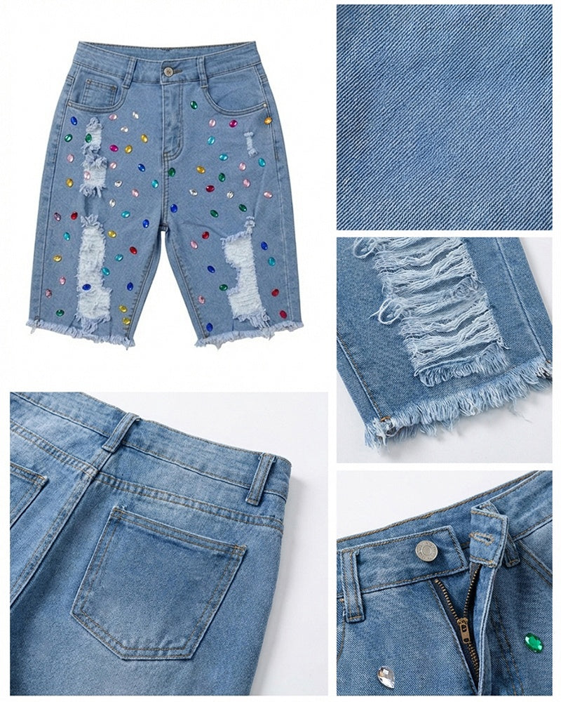 Women's Colorful Rhinestone Ripped Denim Shorts High Waisted Raw Hem Y2K Washed Jean Shorts