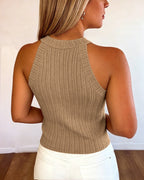 Women's Halter Neck Knit Tank Top Gold Button Cable Knit Vest Sleeveless Slim Fit Ribbed Top