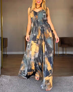 Abstract Oil Painting Print V-Neck Stretchy Thick Straps High Waist Backless Overalls Casual Shirred Waist Cinched Waist Wide Leg Jumpsuit