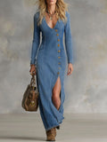Agape | V-neck Single-breasted Side-slit Denim Long-sleeved Maxi Dress