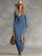 Agape | V-neck Single-breasted Side-slit Denim Long-sleeved Maxi Dress