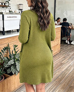 2 Pieces Outfit U-Neck Half Button Front Slim Fit Mini Tank Dress and Long Sleeve Pockets Design Cardigan Casual Rhinestone Decor Textured Set