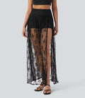 High Waisted 2-in-1 Lace Maxi Casual Skirt with Pocket