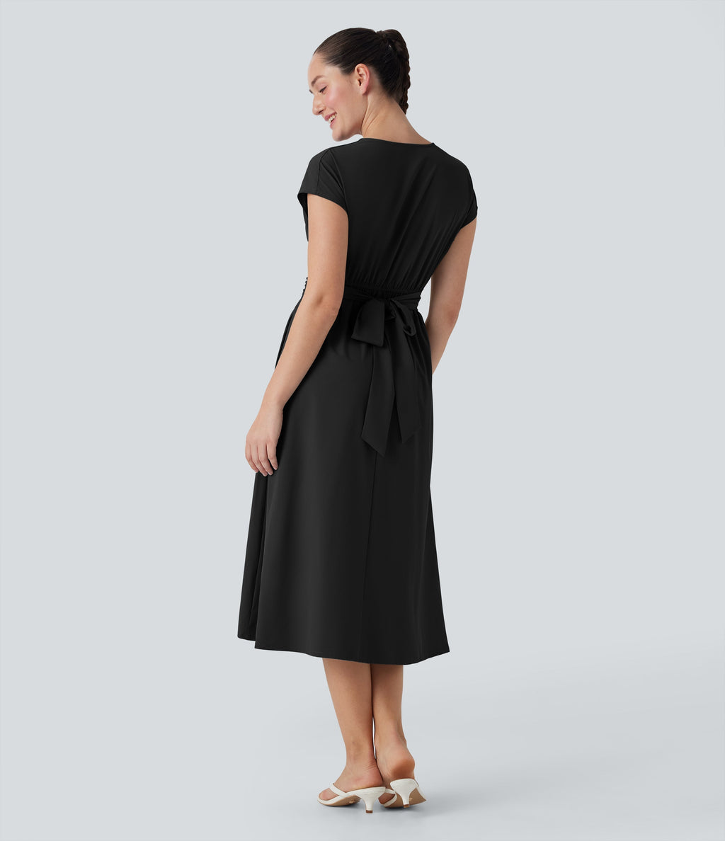 BreezefulTM V Neck Short Sleeve Pocket Tie Back Quick Dry Midi Casual Dress