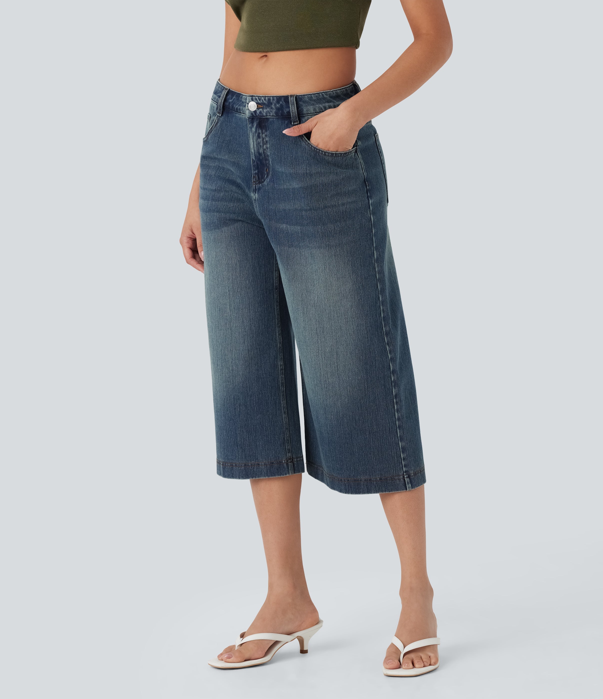 FlexTM Low Rise Washed Casual Capri Baggy Jeans with Pockets