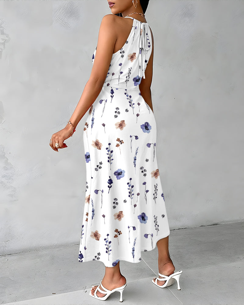 Watercolor Ditsy Floral Print Halter Tie Hollow-out Criss Cross Spliced Front Ruched Dress Casual Draped Slit Front Vacation Dress