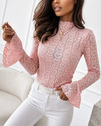 CHICME Women's Heart Jacquard Knit Top Mock Neck Long Sleeve Flare Cuff Slim Fit Blouse with Frill Trim and Hollow-out Details