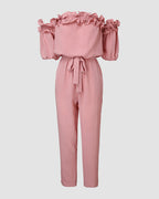 Frill Trim Off Shoulder Short Sleeve Tie Waist Overalls Casual Textured Jumpsuit
