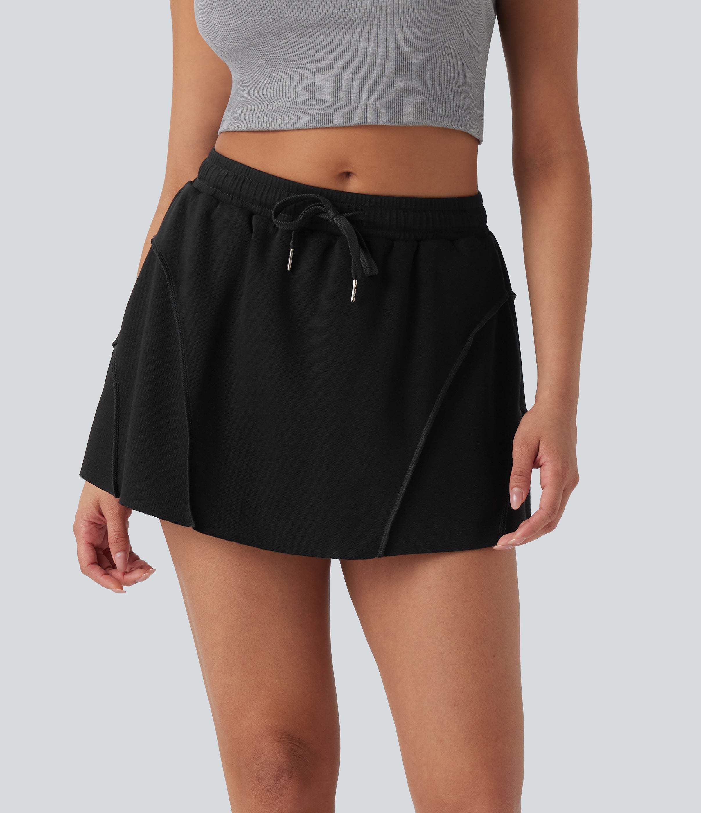 Mid Rise Drawstring 2-in-1 Micro Mini Casual Skirt with Pockets