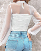 Pearls Decor Mock Neck Sheer Mesh Spliced Ruched Tee Hollow-out Back Slim Fit Textured Top