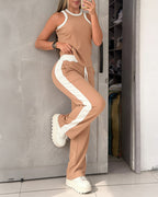 Women's Contrast Binding Knit Set Halter Tank Top and Wide Leg Pants 2 Piece Tracksuit Ribbed Loungewear
