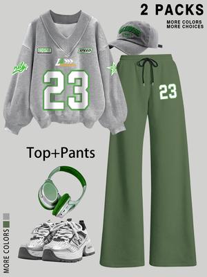 Women's V Neck Sweater Pants Set, Fashionable Digital Bowknot Print, Straight Leg Elastic Waist, Casual Long Sleeve Pullover