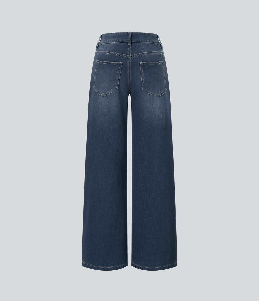 FlexTM Asymmetric Low Rise Zipper Pockets Baggy Wide Leg Washed Casual Jeans