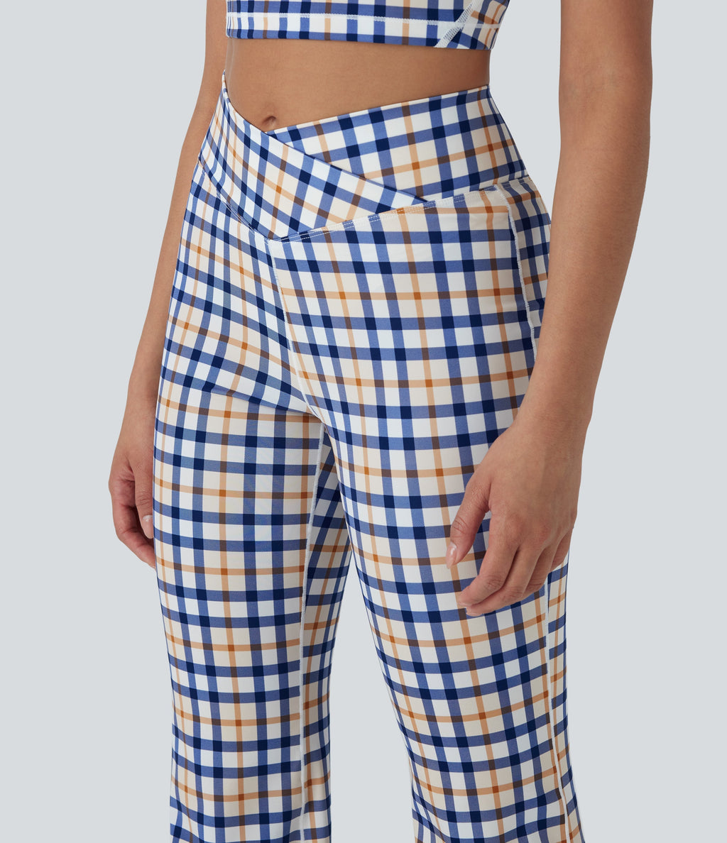 Crossover High Waisted Plaid Cool Touch Yoga Flare Leggings with Pocket