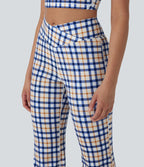 Crossover High Waisted Plaid Cool Touch Yoga Flare Leggings with Pocket