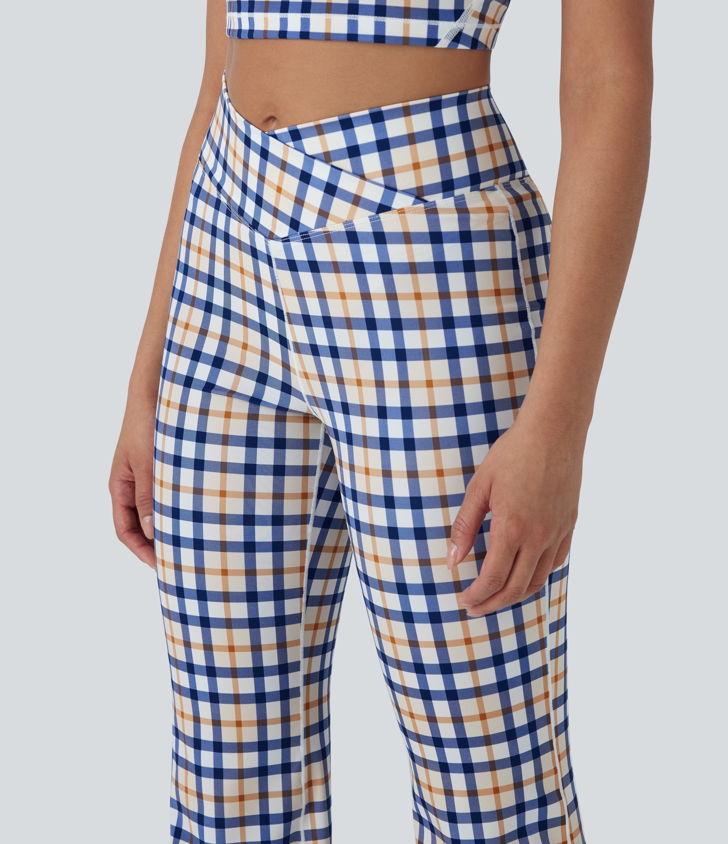 Crossover High Waisted Plaid Cool Touch Yoga Flare Leggings with Pocket