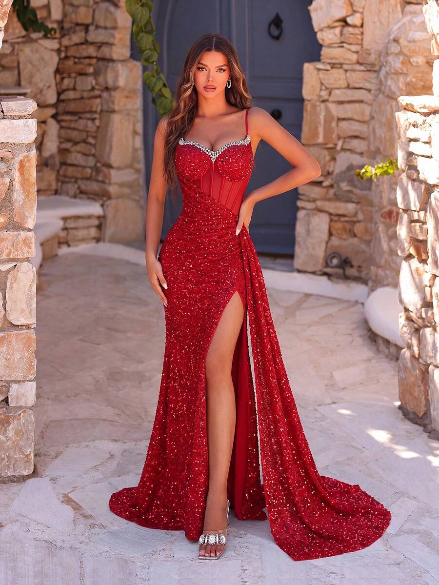 Elegant Sequin Spaghetti Strap Rhinestone Patchwork Fishbone High Waist High Slit Tie Back Open Back Evening Dress Fall