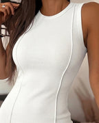 Women's Ribbed Tank Dress Sleeveless Crew Neck Bodycon Mini Dress Solid Slim Fit Stretchy Layering Casual Dress