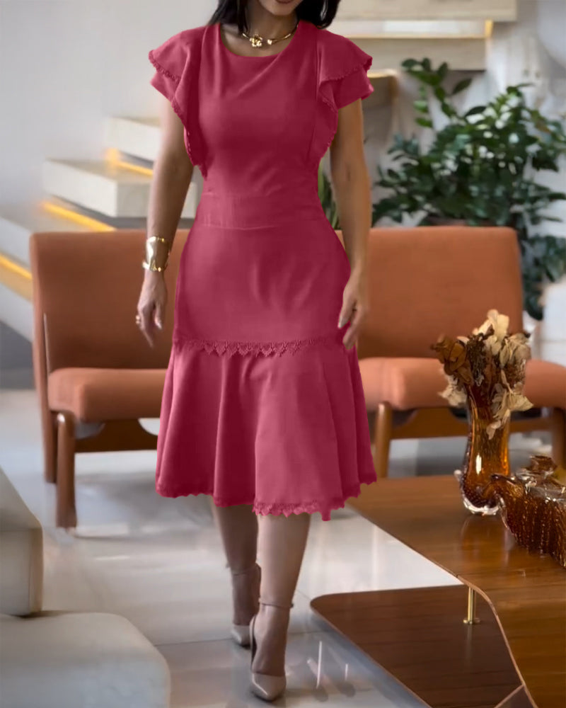 Butterfly Sleeve Hollow-out Back Shirred Dress Casual Cinched Waist Lace Trim Ruffle Hem Commuting Dress