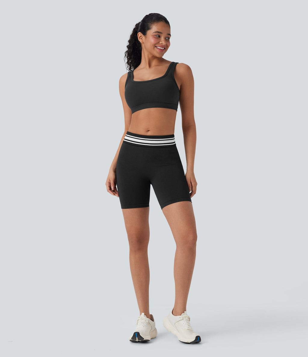 Seamless Flow Foldover High Waisted Color Block Workout Biker Shorts