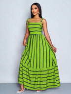 Women's Blue And White Stripe Flowing Maxi Dress,Summer Elegant Holiday Tea Party Holiday,Shoulder Straps Chest Gathering,Beach Casual Gown