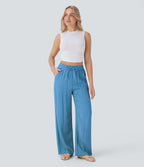 Women Summer High Waisted Drawstring Pocket Wide Leg Casual Linen-Feel Pants
