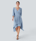 V Neck 3/4 Sleeve Pleated High Low Midi Casual Dress
