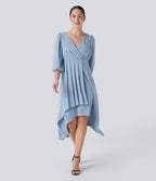 V Neck 3/4 Sleeve Pleated High Low Midi Casual Dress