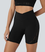 SoftlyzeroTM High Waisted Crossover Contrast Lace Yoga Biker Shorts 7'' with Pockets-UPF50+