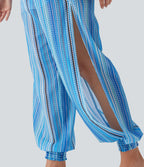 High Waisted Shirred 2-in-1 Stripe Casual Joggers with Pockets