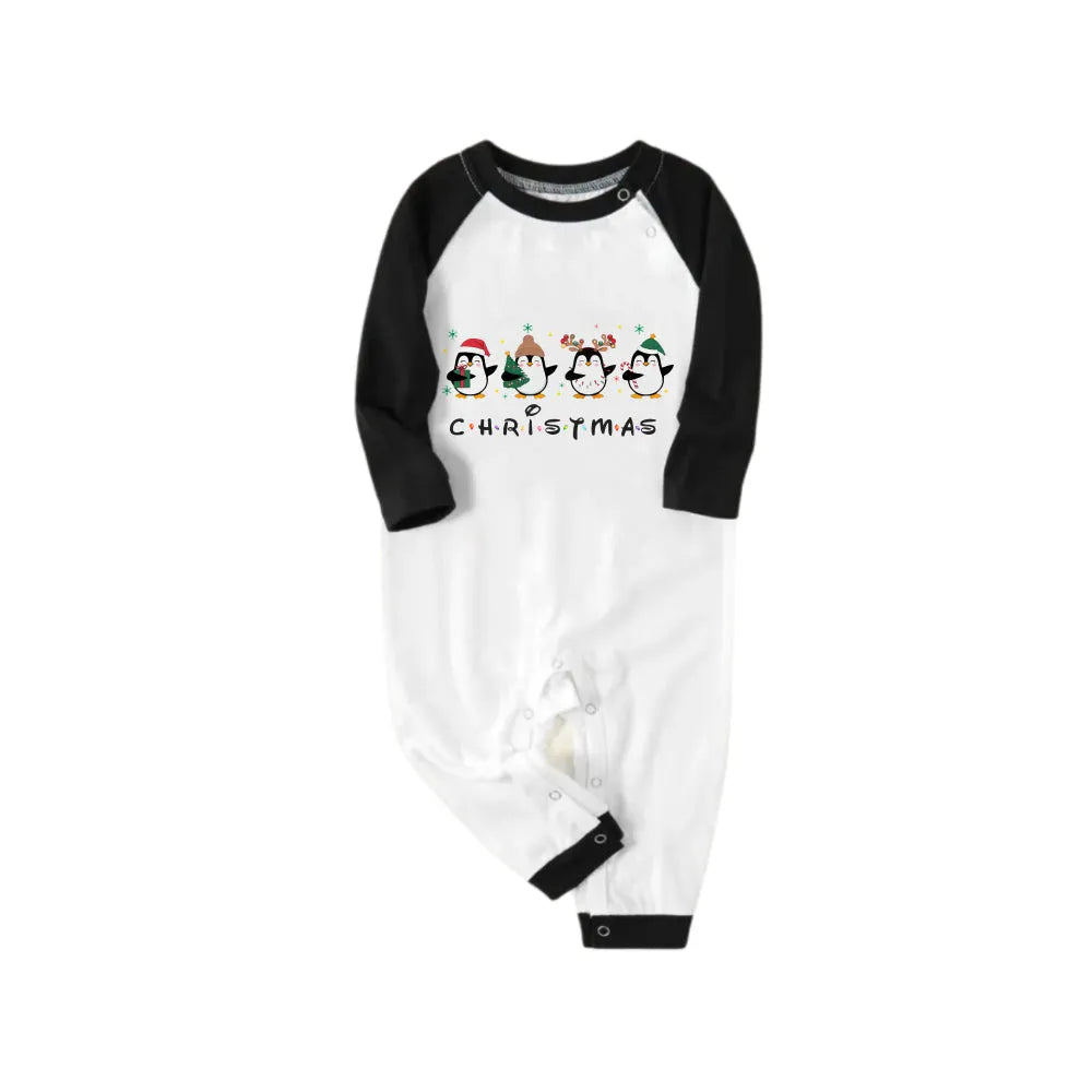Black Raglan Top Green Plaid Christmas Pajamas Set With Penguin Print
