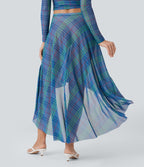 Sheer Mesh High-Waisted High-Low Plaid Maxi Flowy Skirt