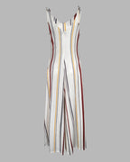 Striped V Neck Sleeveless Zipper Back Overalls Casual Shoulder Tied Wide Leg Jumpsuit With Pockets