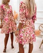 Women’s Leopard Floral Print Vacation Dress Overlap V Neck Shirred Waist Ruffle Midi Dress with Lining