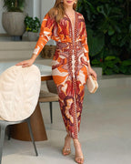 Vintage Baroque Deep V Neck Long Sleeve Slit Bodycon Dress Casual Ruched Slim Fit Vacation Dress