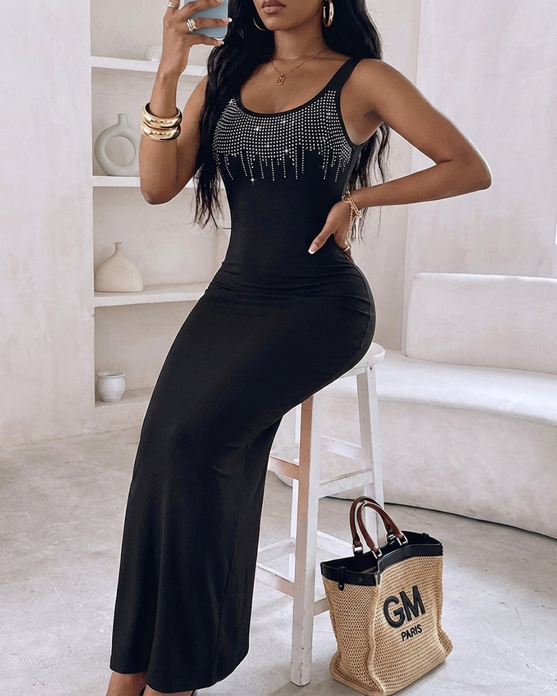 Women's Rhinestone U-Neck Maxi Dress Slim Fit Bodycon Sleeveless Long Knit Dress Elegant Evening Party Dress
