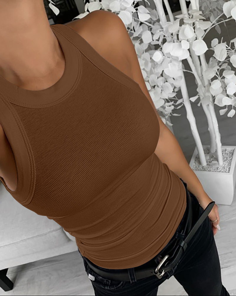 O-Neck Sleeveless Basic Slim Fit Skinny Tank Casual Top(Without Pads)