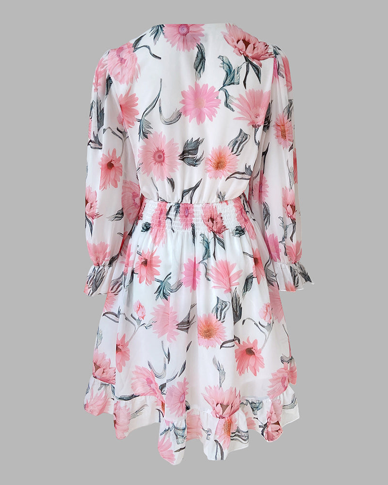 Floral Print Overlap Deep V-Neck Half Sleeve Shirred Waist A Line Dress Casual Flared Cuffs Ruffle Hem Chiffon Dress