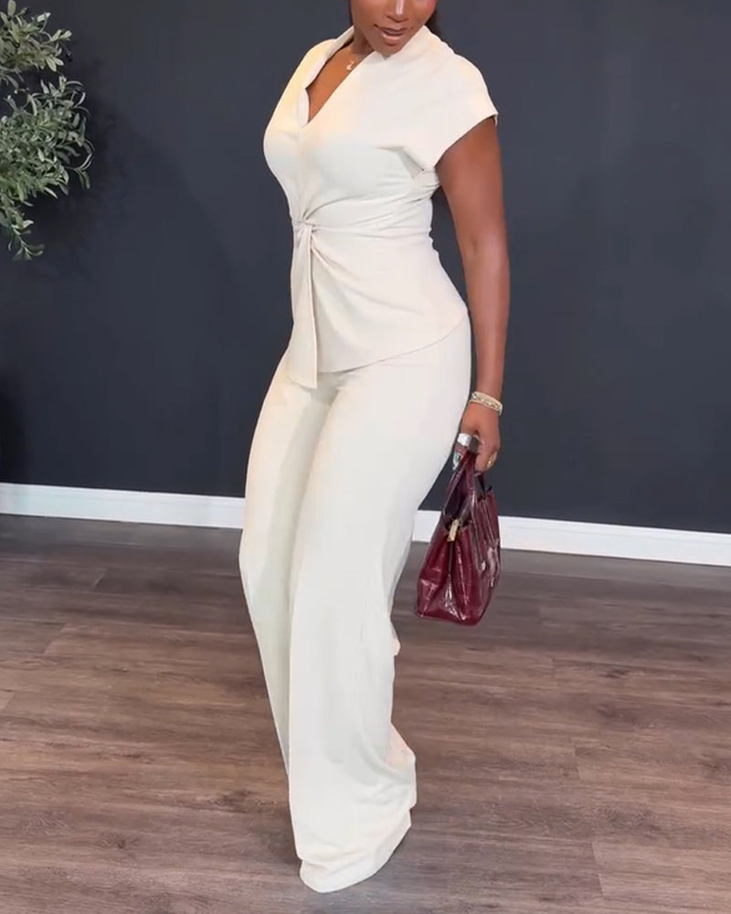 2 Pieces Outfit V-Neck Short Sleeve Twist Front Zipper Back Top and Straight Leg Pants Set Casual Commuting Set