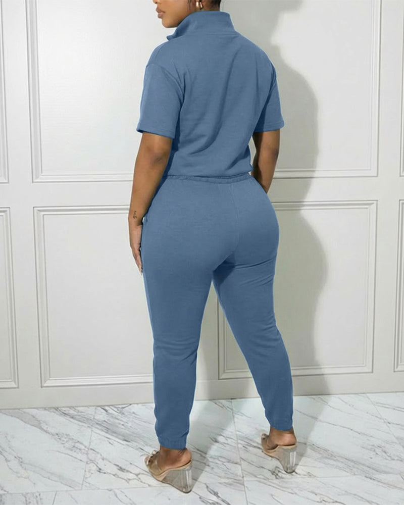 Women's 2-Piece Sporty Set Short Sleeve Half Zip Top and High Waisted Joggers Casual Lounge Outfit with Pockets