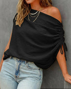 Skew Neck Drawstring Sleeve Loose Fit Casual Top