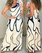 Abstract Print One Shoulder Bodycon Maxi Dress Casual Faux Two Piece Slit Dress
